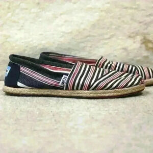 TOMS Alpargata Striped Slip On Espadrille Flat Raffia Sole Shoes Women Size 7.5